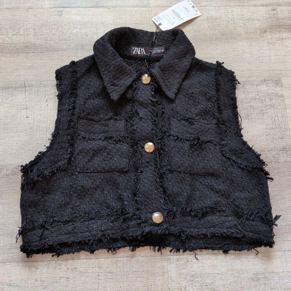 NWT Zara Black Tweed Raw Edge Frayed Crop Vest Jacket Gold Buttons Size S